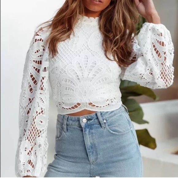 Cropped stand collar top, crafted in Intricate guipure lace. - Picture 2 of 8